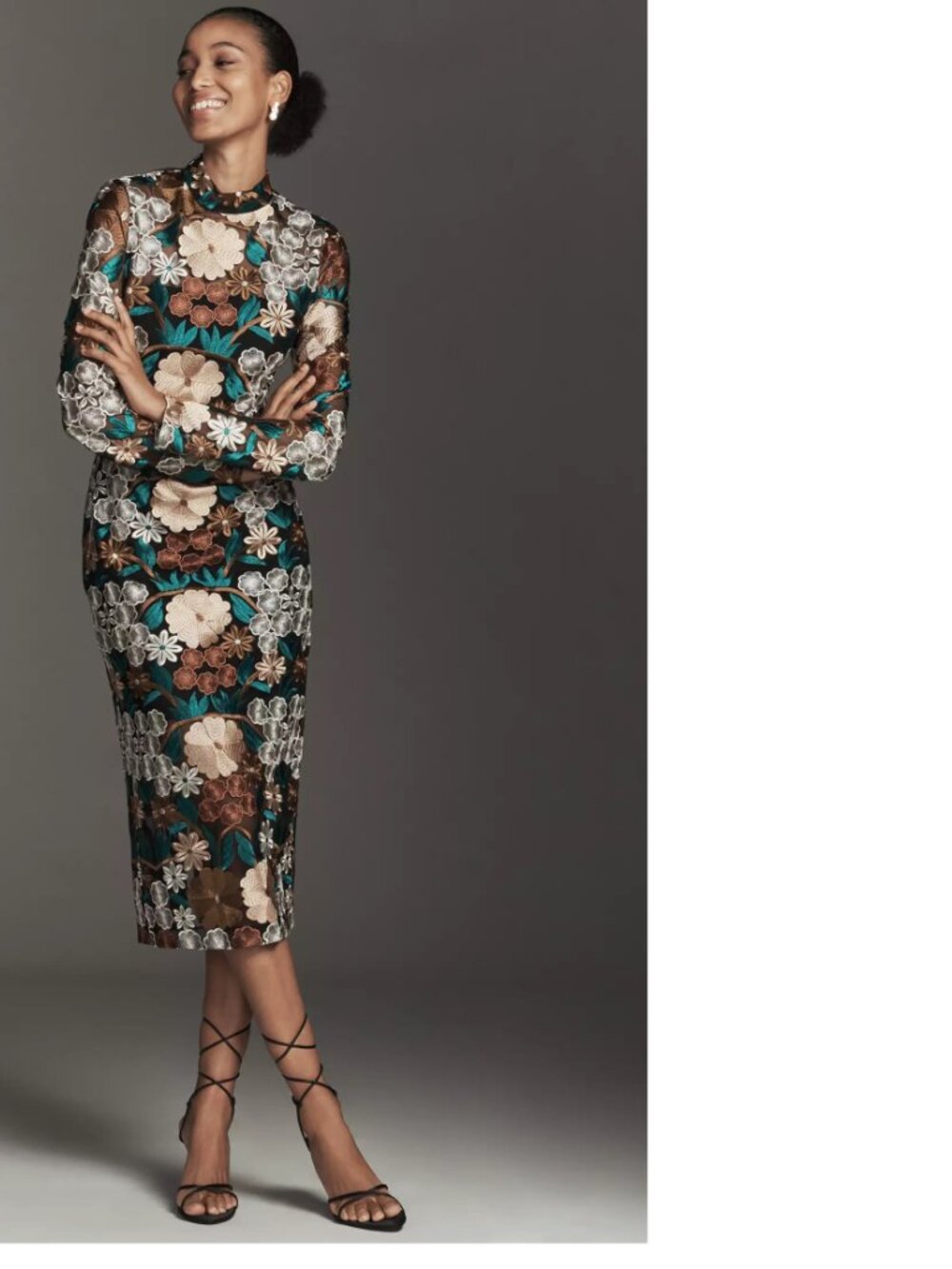 Anthropologie Endless Rose Long-Sleeve Mock-Neck Embroidered Midi Dress XS new